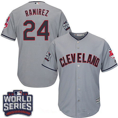 Mens Cleveland Indians 24 Manny Ramirez Gray Road 2016 World Series Patch Stitched Mlb Majestic Cool Base Jersey