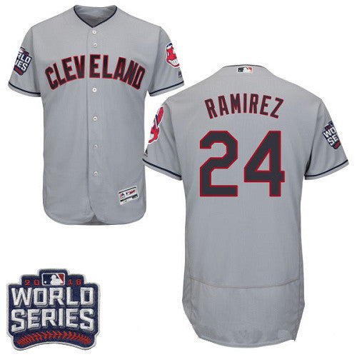 Mens Cleveland Indians 24 Manny Ramirez Gray Road 2016 World Series Patch Stitched Mlb Majestic Flex Base Jersey