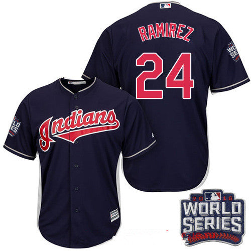 Mens Cleveland Indians 24 Manny Ramirez Navy Blue Alternate 2016 World Series Patch Stitched Mlb Majestic Cool Base Jersey