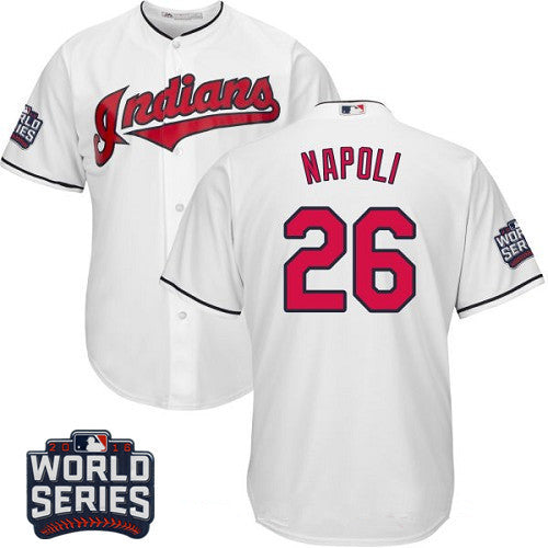 Mens Cleveland Indians 26 Mike Napoli White Home 2016 World Series Patch Stitched Mlb Majestic Cool Base Jersey