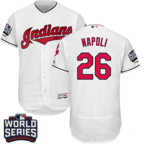 Mens Cleveland Indians 26 Mike Napoli White Home 2016 World Series Patch Stitched Mlb Majestic Flex Base Jersey