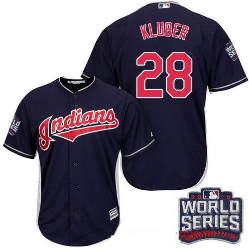 Mens Cleveland Indians 28 Corey Kluber Navy Blue Alternate 2016 World Series Patch Stitched Mlb Majestic Cool Base Jersey