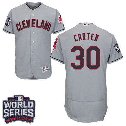 Mens Cleveland Indians 30 Joe Carter Gray Road 2016 World Series Patch Stitched Mlb Majestic Flex Base Jersey