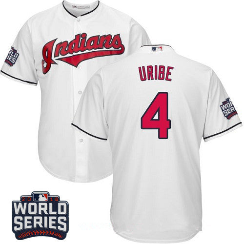 Mens Cleveland Indians 4 Juan Uribe White Home 2016 World Series Patch Stitched Mlb Majestic Cool Base Jersey