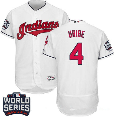 Mens Cleveland Indians 4 Juan Uribe White Home 2016 World Series Patch Stitched Mlb Majestic Flex Base Jersey