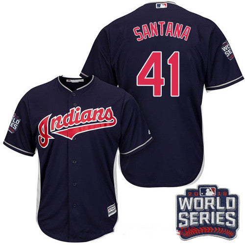 Mens Cleveland Indians 41 Carlos Santana Navy Blue Alternate 2016 World Series Patch Stitched Mlb Majestic Cool Base Jersey