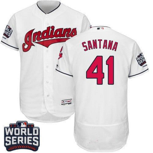 Mens Cleveland Indians 41 Carlos Santana White Home 2016 World Series Patch Stitched Mlb Majestic Flex Base Jersey