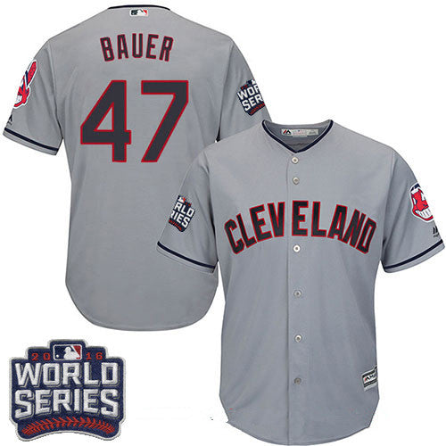 Mens Cleveland Indians 47 Trevor Bauer Gray Road 2016 World Series Patch Stitched Mlb Majestic Cool Base Jersey