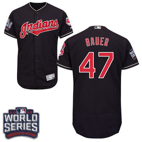 Mens Cleveland Indians 47 Trevor Bauer Navy Blue 2016 World Series Patch Stitched Mlb Majestic Flex Base Jersey