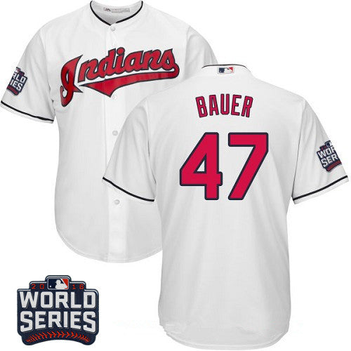 Mens Cleveland Indians 47 Trevor Bauer White Home 2016 World Series Patch Stitched Mlb Majestic Cool Base Jersey