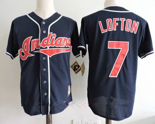 Mens Cleveland Indians 7 Kenny Lofton Navy Blue Throwback 1995 World Series Patch Stitched Mlb Cooperstown Collection Jersey