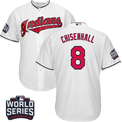 Mens Cleveland Indians 8 Lonnie Chisenhall White Home 2016 World Series Patch Stitched Mlb Majestic Cool Base Jersey
