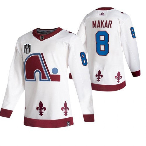 Mens Colorado Avalanche 8 Cale Makar White 2022 Stanley Cup Final Patch Reverse Retro Stitched Jersey