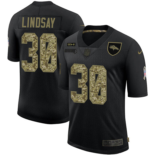 Mens Denver Broncos 30 Phillip Lindsay 2020 Black Camo Salute To Service Limited Stitched Nfl Jersey
