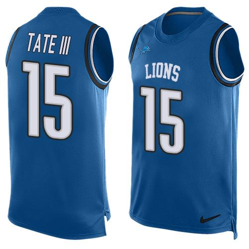 Mens Detroit Lions 15 Golden Tate Iii Light Blue Hot Pressing Player Name Number Nike Nfl Tank Top Jersey