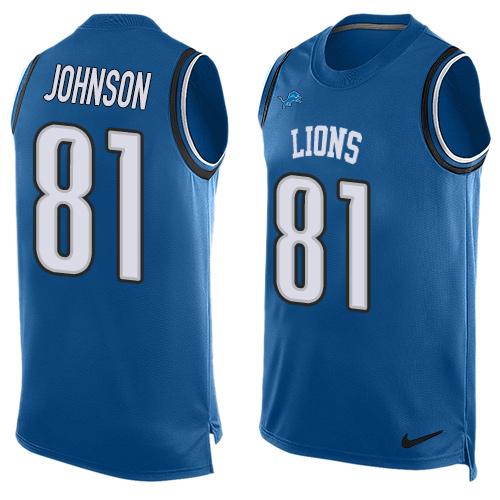 Mens Detroit Lions 81 Calvin Johnson Light Blue Hot Pressing Player Name Number Nike Nfl Tank Top Jersey