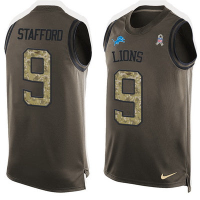 Mens Detroit Lions 9 Matthew Stafford Green Salute To Service Hot Pressing Player Name Number Nike Nfl Tank Top Jersey