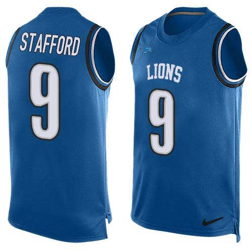 Mens Detroit Lions 9 Matthew Stafford Light Blue Hot Pressing Player Name Number Nike Nfl Tank Top Jersey