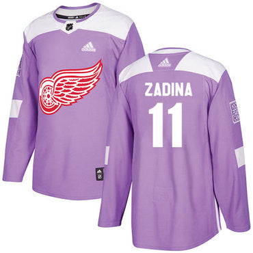 Mens Detroit Red Wings 11 Filip Zadina Authentic Adidas Purple Cancer Practice Jersey
