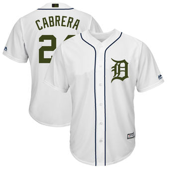 Mens Detroit Tigers 24 Miguel Cabrera Majestic White 2018 Memorial Day Cool Base Player Jersey