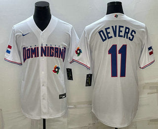 Mens Dominican Republic Baseball 11 Rafael Devers 2023 White World Baseball Classic Stitched Jersey