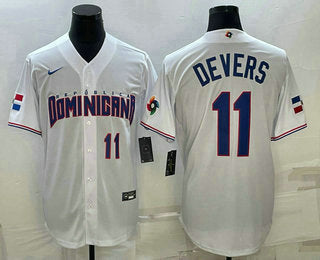 Mens Dominican Republic Baseball 11 Rafael Devers Number 2023 White World Baseball Classic Stitched Jersey