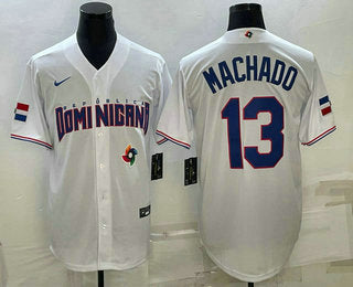 Mens Dominican Republic Baseball 13 Manny Machado 2023 White World Baseball Classic Stitched Jersey