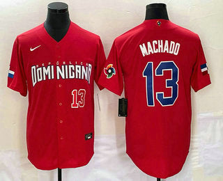 Mens Dominican Republic Baseball 13 Manny Machado Number 2023 Red World Classic Stitched Jersey