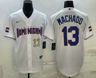 Mens Dominican Republic Baseball 13 Manny Machado Number 2023 White World Baseball Classic Stitched Jersey