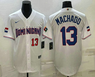 Mens Dominican Republic Baseball 13 Manny Machado Number 2023 White World Baseball Classic Stitched Jerseys