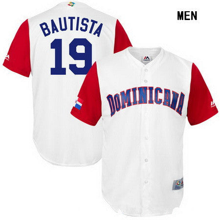 Mens Dominican Republic Baseball 19 Jose Bautista Majestic White 2017 World Baseball Classic Stitched Replica Jersey