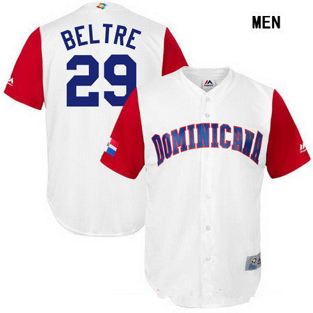 Mens Dominican Republic Baseball 29 Adrian Beltre Majestic White 2017 World Baseball Classic Stitched Replica Jersey