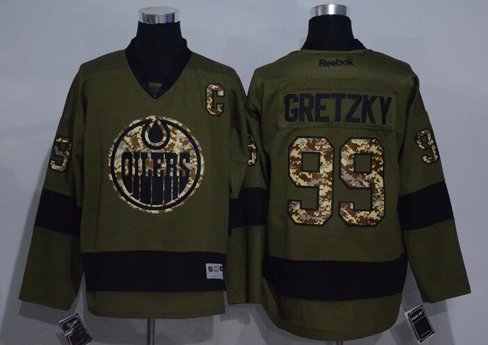 Mens Edmonton Oilers 99 Wayne Gretzky Green Salute To Service Stitched Nhl Reebok Hockey Jersey