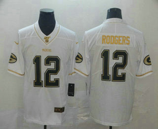Mens Green Bay Packers 12 Aaron Rodgers White 100th Season Golden Edition Jersey