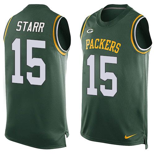 Mens Green Bay Packers 15 Bart Starr Green Hot Pressing Player Name Number Nike Nfl Tank Top Jersey