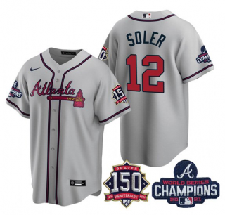 Mens Grey Atlanta Braves 12 Jorge Soler 2021 World Series Champions With 150th Anniversary Patch Cool Base Stitched Jersey