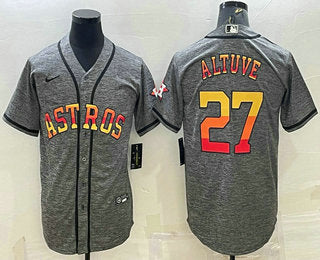 Mens Houston Astros 27 Jose Altuve Grey Gridiron With Patch Cool Base Stitched Baseball Jersey
