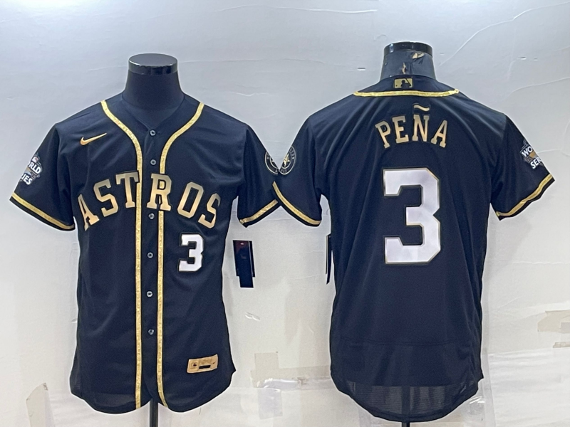 Mens Houston Astros 3 Jeremy Pena Number Black Gold 2022 World Series Stitched Flex Base Nike Jersey