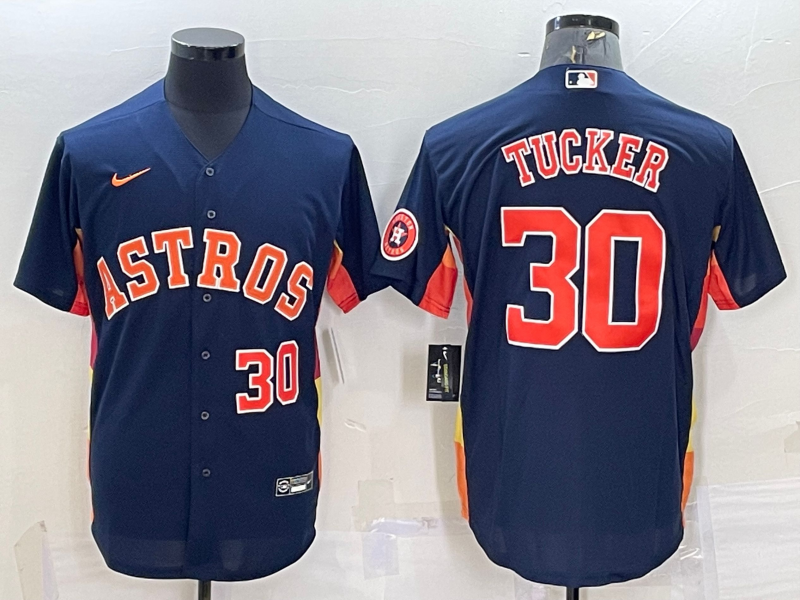 Mens Houston Astros 30 Kyle Tucker Number Navy Blue With Patch Stitched Mlb Cool Base Nike Jersey