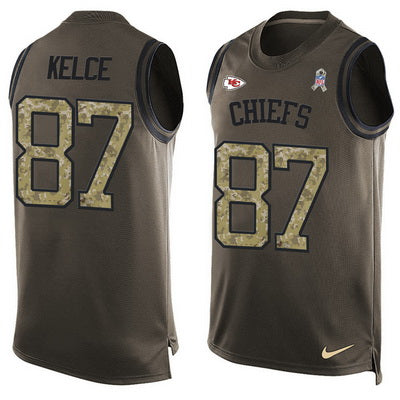 Mens Kansas City Chiefs 87 Travis Kelce Green Salute To Service Hot Pressing Player Name Number Nike Nfl Tank Top Jersey