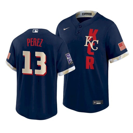Mens Kansas City Royals 13 Salvador Perez 2021 Navy All star Cool Base Stitched Mlb Jersey