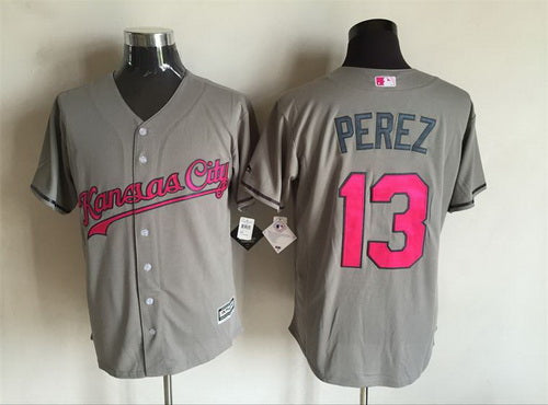 Mens Kansas City Royals 13 Salvador Perez Gray With Pink 2016 Mothers Day Baseball Cool Base Jersey