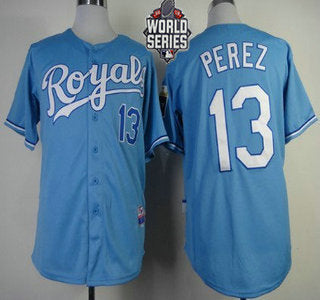 Mens Kansas City Royals 13 Salvador Perez Light Blue Alternate Baseball Jersey With 2015 World Series Patch