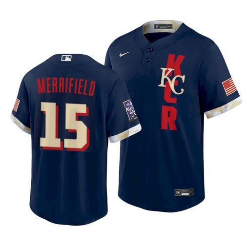 Mens Kansas City Royals 15 Whit Merrifield 2021 Navy All star Cool Base Stitched Mlb Jersey