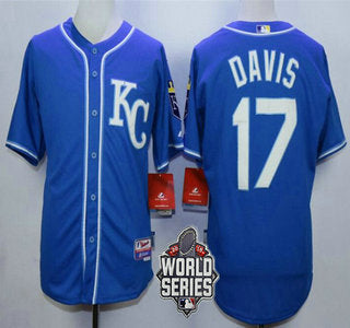 Mens Kansas City Royals 17 Wade Davis Kc Blue Alternate Baseball Jersey With 2015 World Series Patch