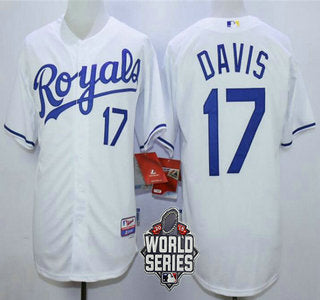 Mens Kansas City Royals 17 Wade Davis White Home Baseball Jersey With 2015 World Series Patch