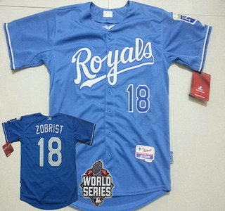 Mens Kansas City Royals 18 Ben Zobrist Light Blue Alternate Baseball Jersey With 2015 World Series Patch