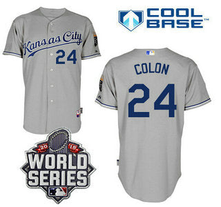 Mens Kansas City Royals 24 Christian Colon Gray Away Baseball Jersey With 2015 World Series Patch