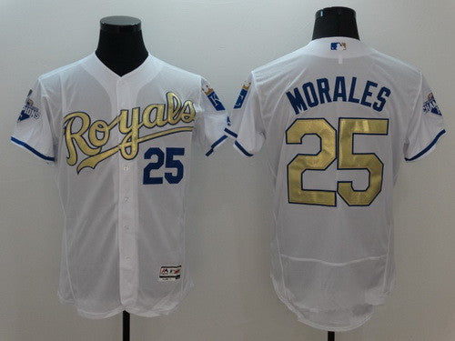 Mens Kansas City Royals 25 Kendrys Morales Majestic White World Series Champions Gold Program Flexbase Player Jersey