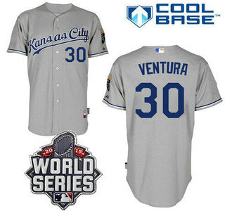Mens Kansas City Royals 30 Yordano Ventura Gray Away Baseball Jersey With 2015 World Series Patch